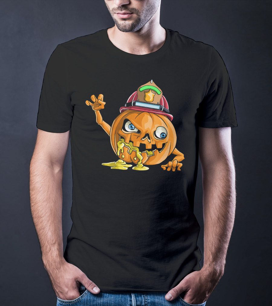 Zombie Pumpkin Firefighter Halloween Jack-O'-Lantern With Fireman's Helmet T-Shirt