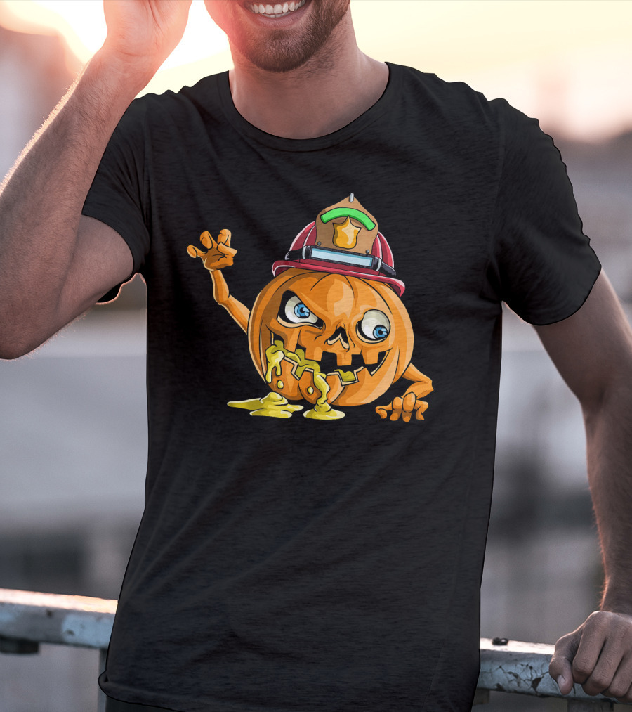 Zombie Pumpkin Firefighter Halloween Jack-O'-Lantern With Fireman's Helmet T-Shirt