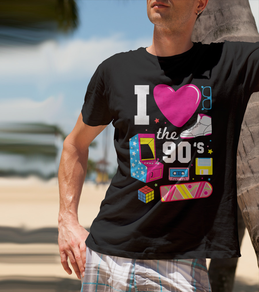I Love The 90s Retro Arcade Cassette Sneaker Skateboard Rubik's Cube Floppy Disk T-Shirt