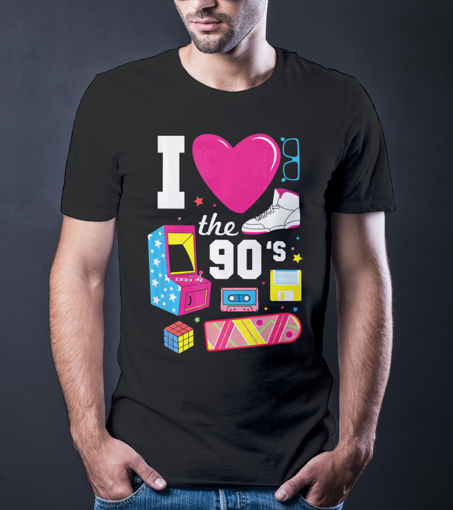 I Love The 90s Retro Arcade Cassette Sneaker Skateboard Rubik's Cube Floppy Disk T-Shirt
