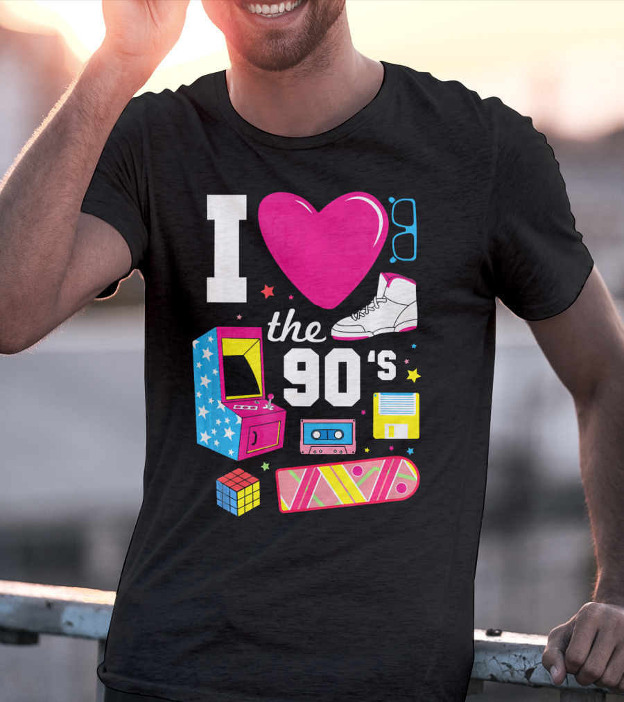 I Love The 90s Retro Arcade Cassette Sneaker Skateboard Rubik's Cube Floppy Disk T-Shirt
