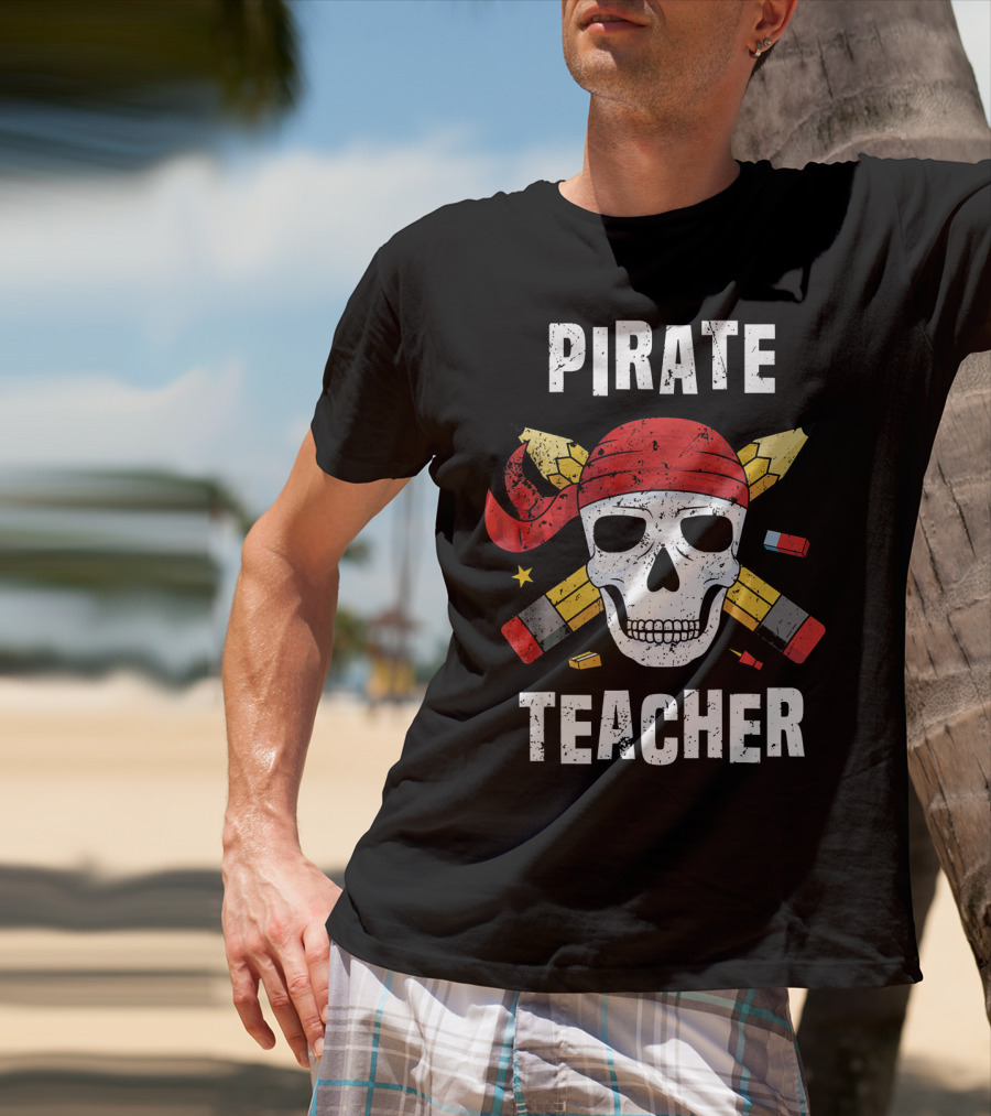 Pirate Teacher Skull With Pencils And Bandana T-Shirt