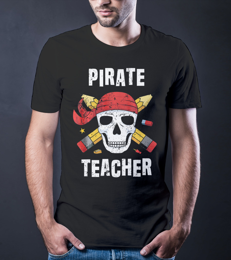 Pirate Teacher Skull With Pencils And Bandana T-Shirt
