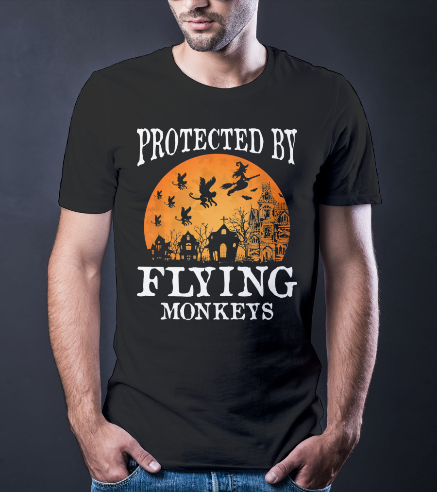Protected By Flying Monkeys Halloween Witch Silhouette Orange Moon Mansion Scene T-Shirt