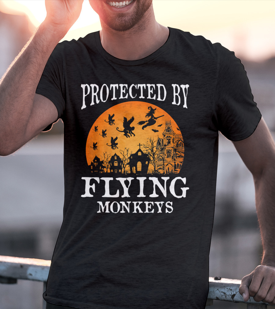 Protected By Flying Monkeys Halloween Witch Silhouette Orange Moon Mansion Scene T-Shirt