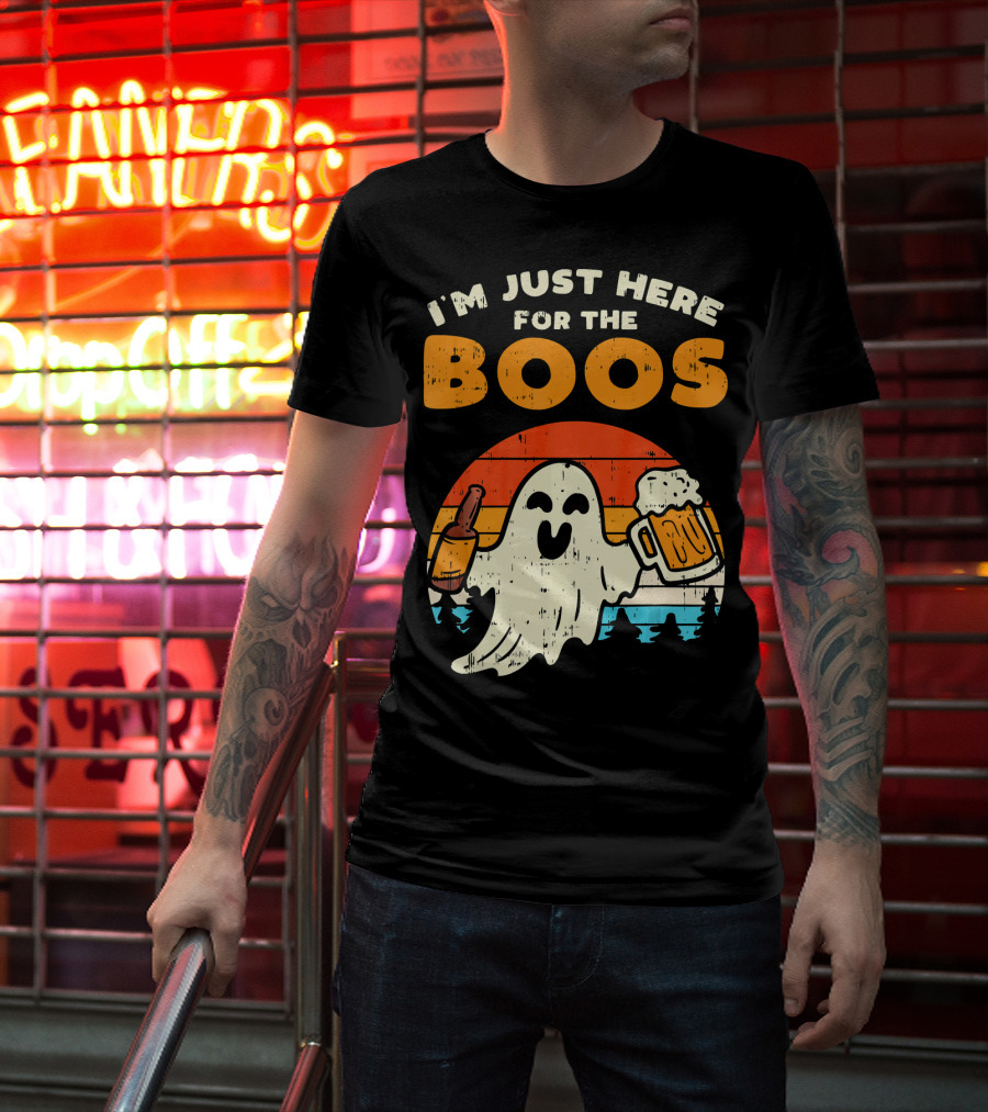 I'm Just Here For The Boos Retro Ghost With Drink And Bee T-Shirt
