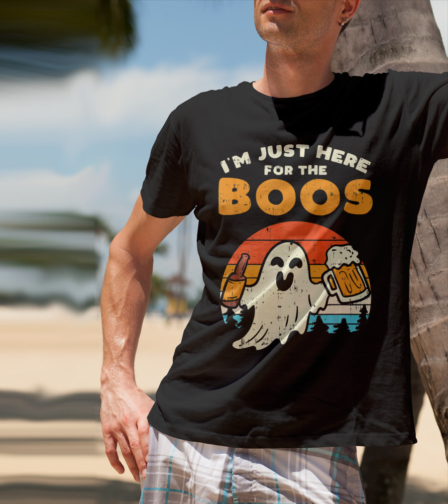 I'm Just Here For The Boos Retro Ghost With Drink And Bee T-Shirt