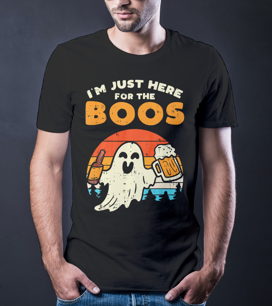 I'm Just Here For The Boos Retro Ghost With Drink And Bee T-Shirt
