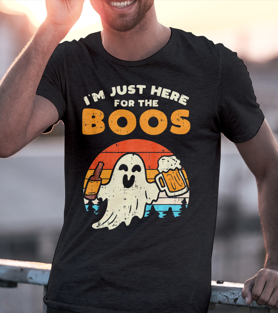 I'm Just Here For The Boos Retro Ghost With Drink And Bee T-Shirt