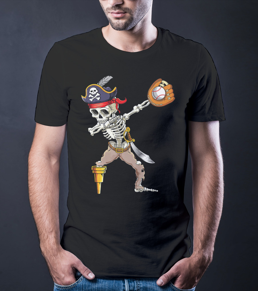 Pirate Skeleton Dabbing With Baseball Glove And Ball T-Shirt