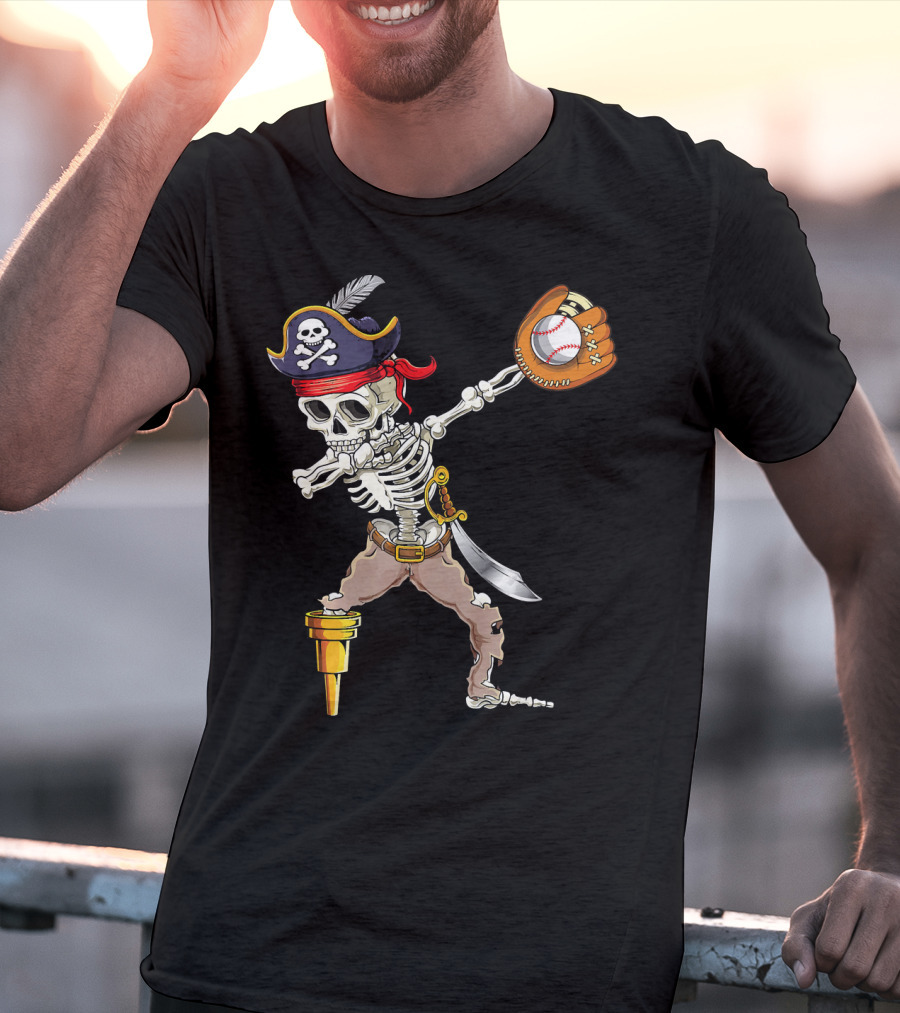 Pirate Skeleton Dabbing With Baseball Glove And Ball T-Shirt