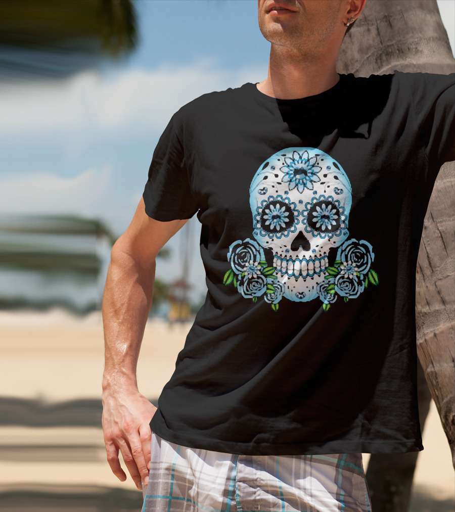 Blue Flowers Sugar Skull Día De Los Muertos Roses T-Shirt