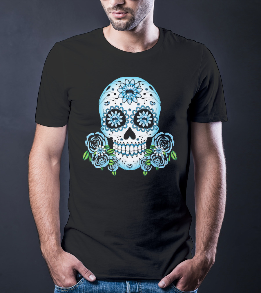 Blue Flowers Sugar Skull Día De Los Muertos Roses T-Shirt
