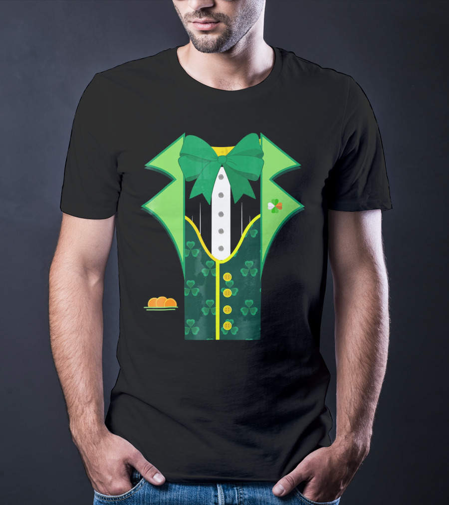 Leprechaun Costume One Sided Green Suit With Bow Tie And Shamrock Symbols T-Shirt