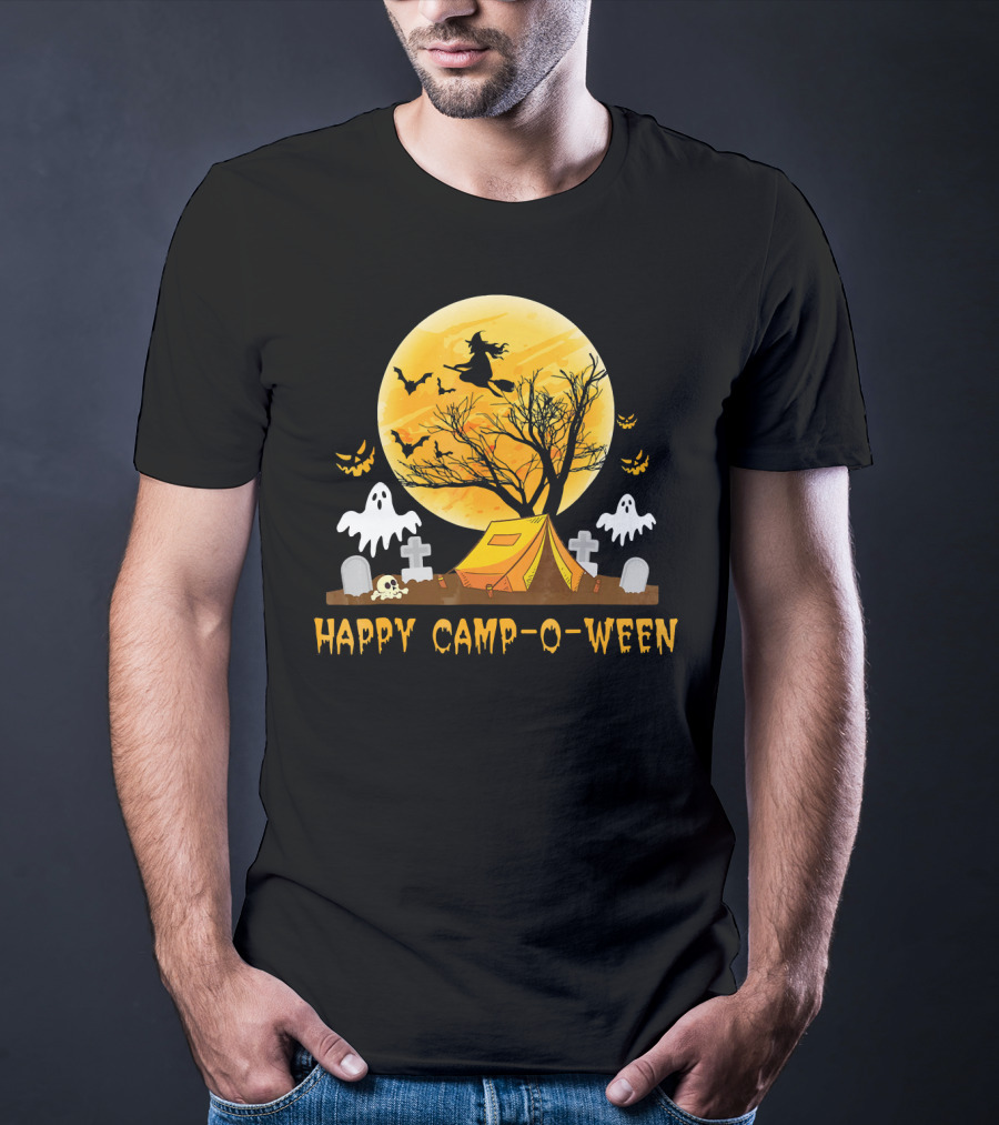 Happy Camp-O-Ween Witch Ghosts Halloween Camping Graveyard Moon T-Shirt