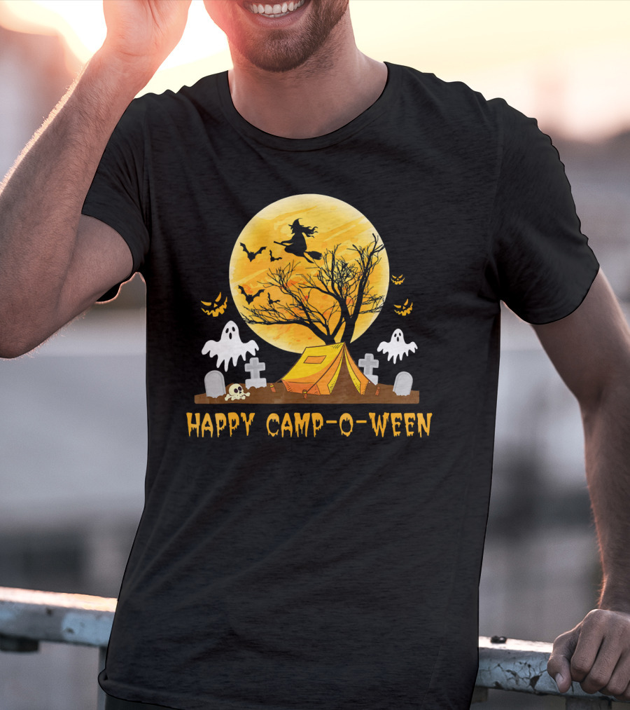 Happy Camp-O-Ween Witch Ghosts Halloween Camping Graveyard Moon T-Shirt