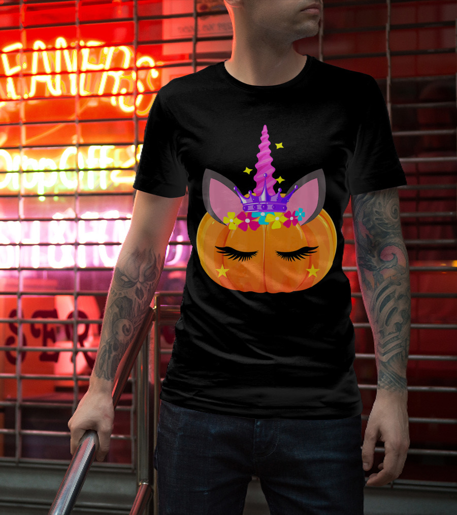 Halloween Pumpkin Unicorn With Floral Crown And Stars T-Shirt