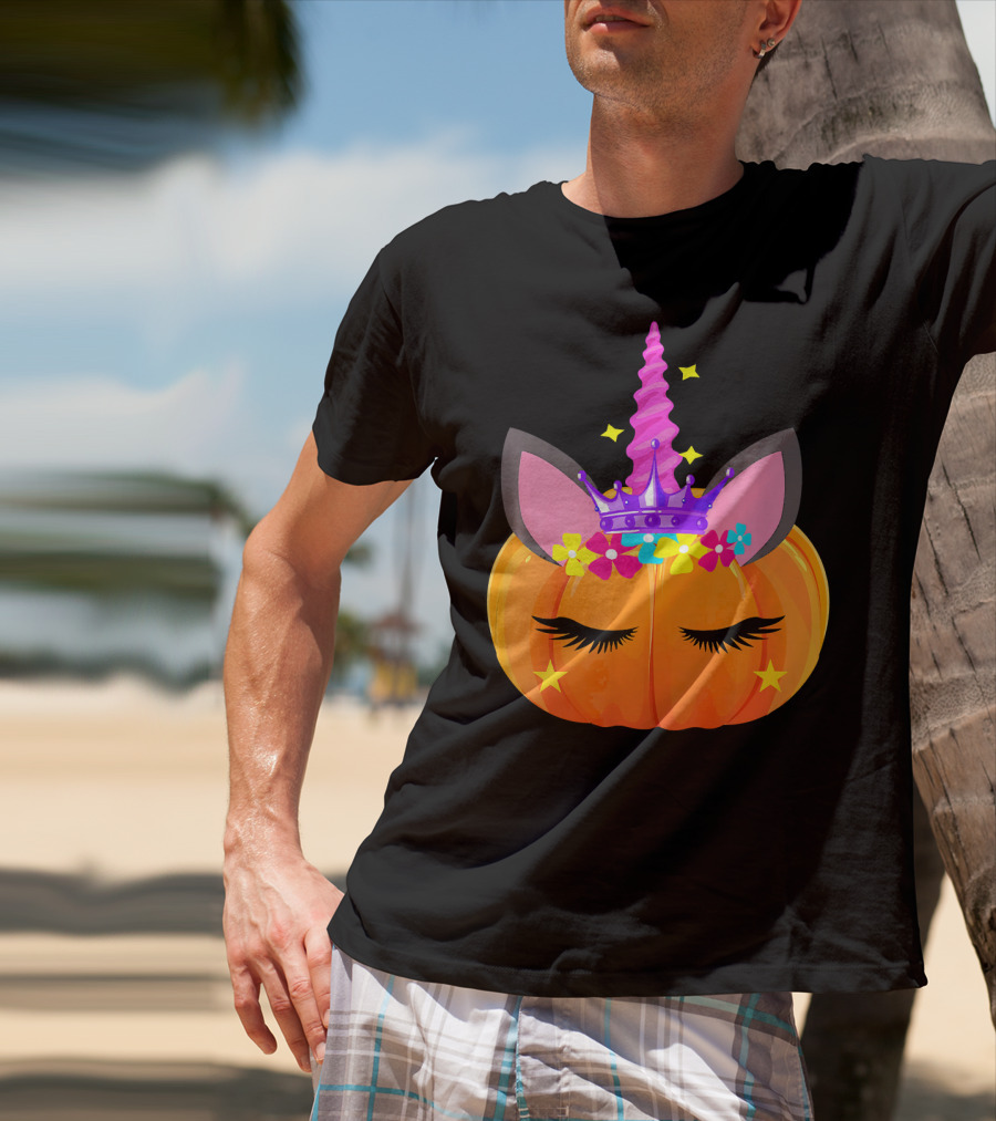 Halloween Pumpkin Unicorn With Floral Crown And Stars T-Shirt