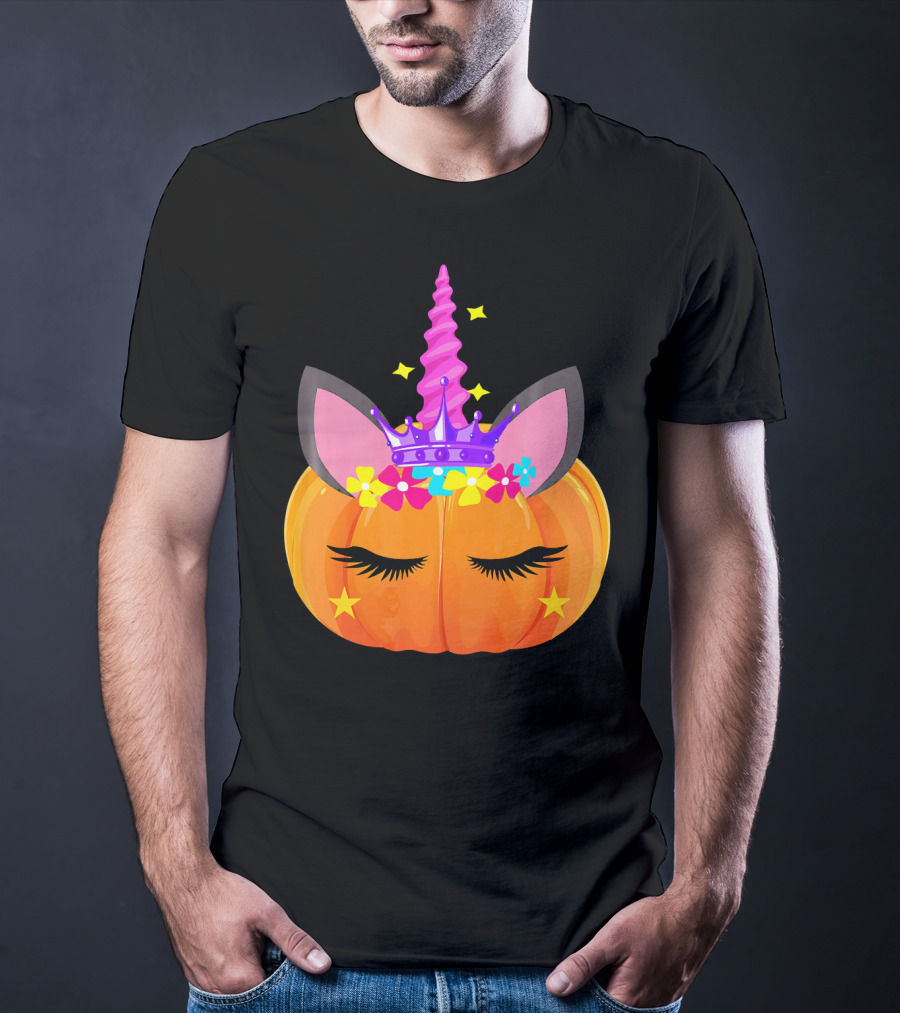 Halloween Pumpkin Unicorn With Floral Crown And Stars T-Shirt