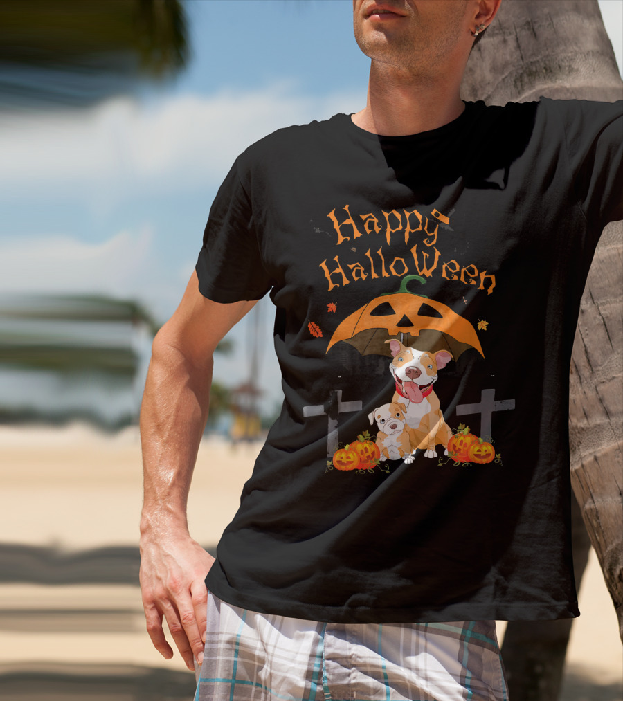 Happy Halloween Pumpkin Pitbulls With Jack O'Lantern And Crosses T-Shirt