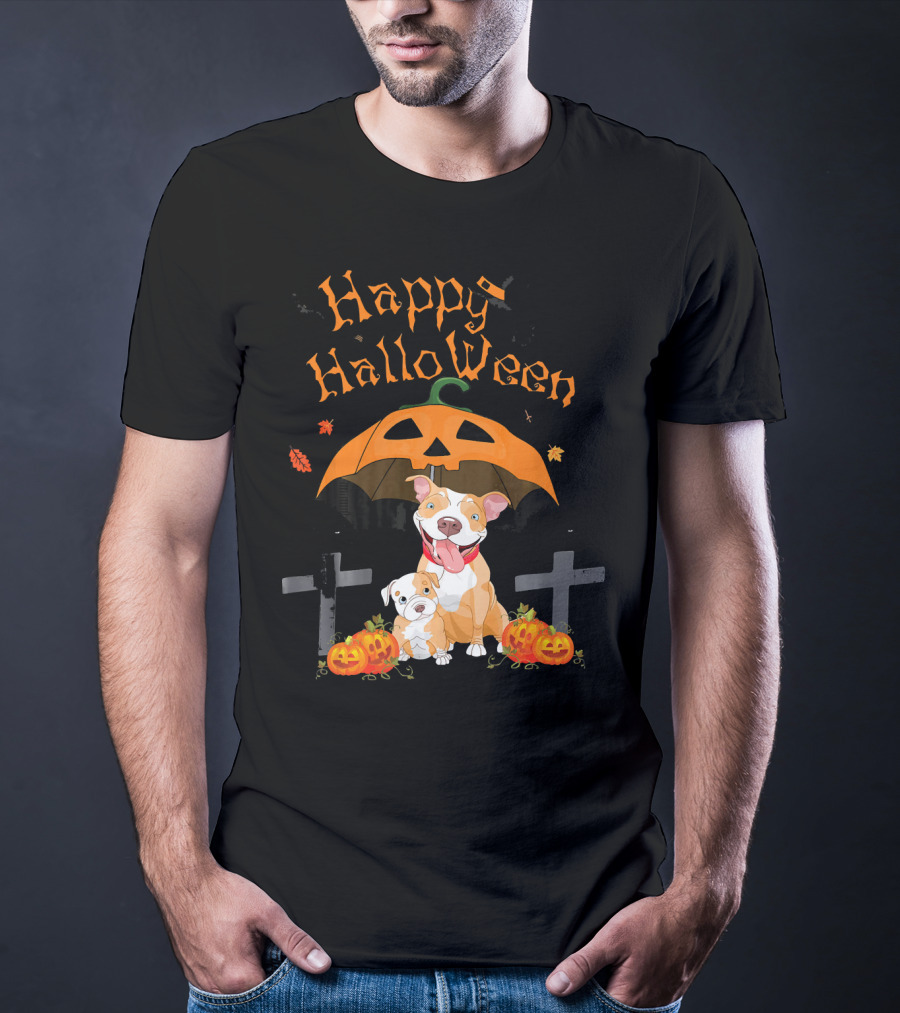 Happy Halloween Pumpkin Pitbulls With Jack O'Lantern And Crosses T-Shirt