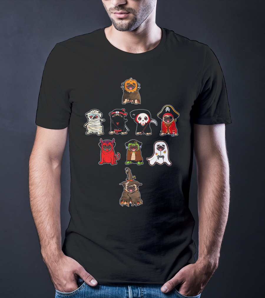Pug Halloween Costume Lion Mummy Ninja Grim Reaper Pirate Devil Frankenstein Ghost Witch T-Shirt