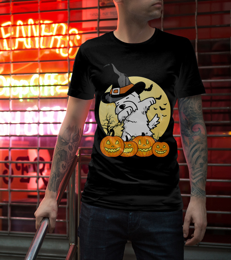 Funny Dabbing Westie Witch With Pumpkins And Bats Halloween Dog Dance T-Shirt