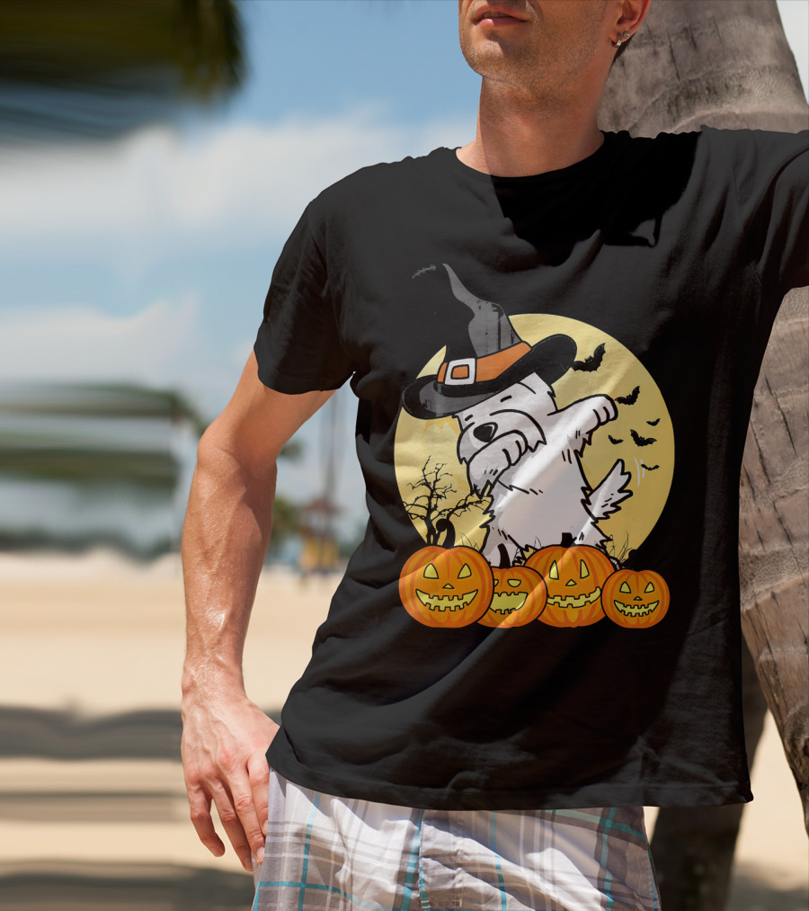 Funny Dabbing Westie Witch With Pumpkins And Bats Halloween Dog Dance T-Shirt
