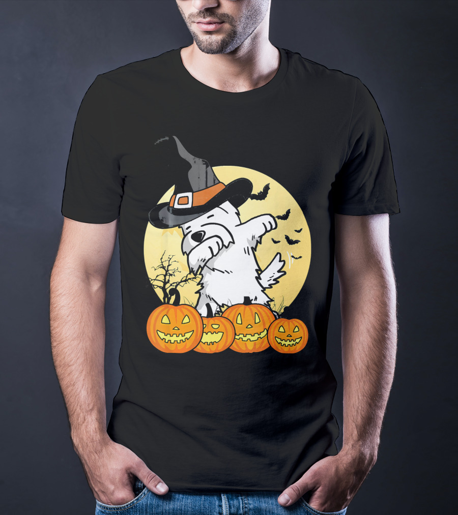 Funny Dabbing Westie Witch With Pumpkins And Bats Halloween Dog Dance T-Shirt