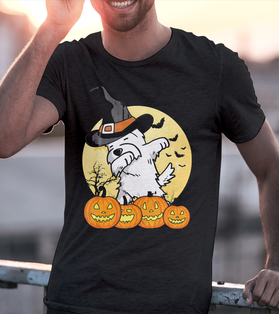Funny Dabbing Westie Witch With Pumpkins And Bats Halloween Dog Dance T-Shirt