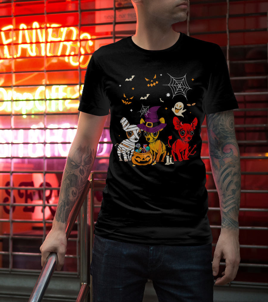 Three Chihuahuas Halloween Mummy Witch Devil T-Shirt