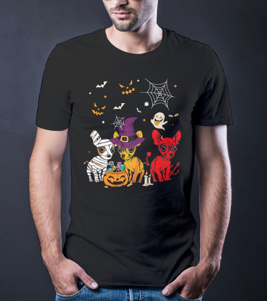 Three Chihuahuas Halloween Mummy Witch Devil T-Shirt