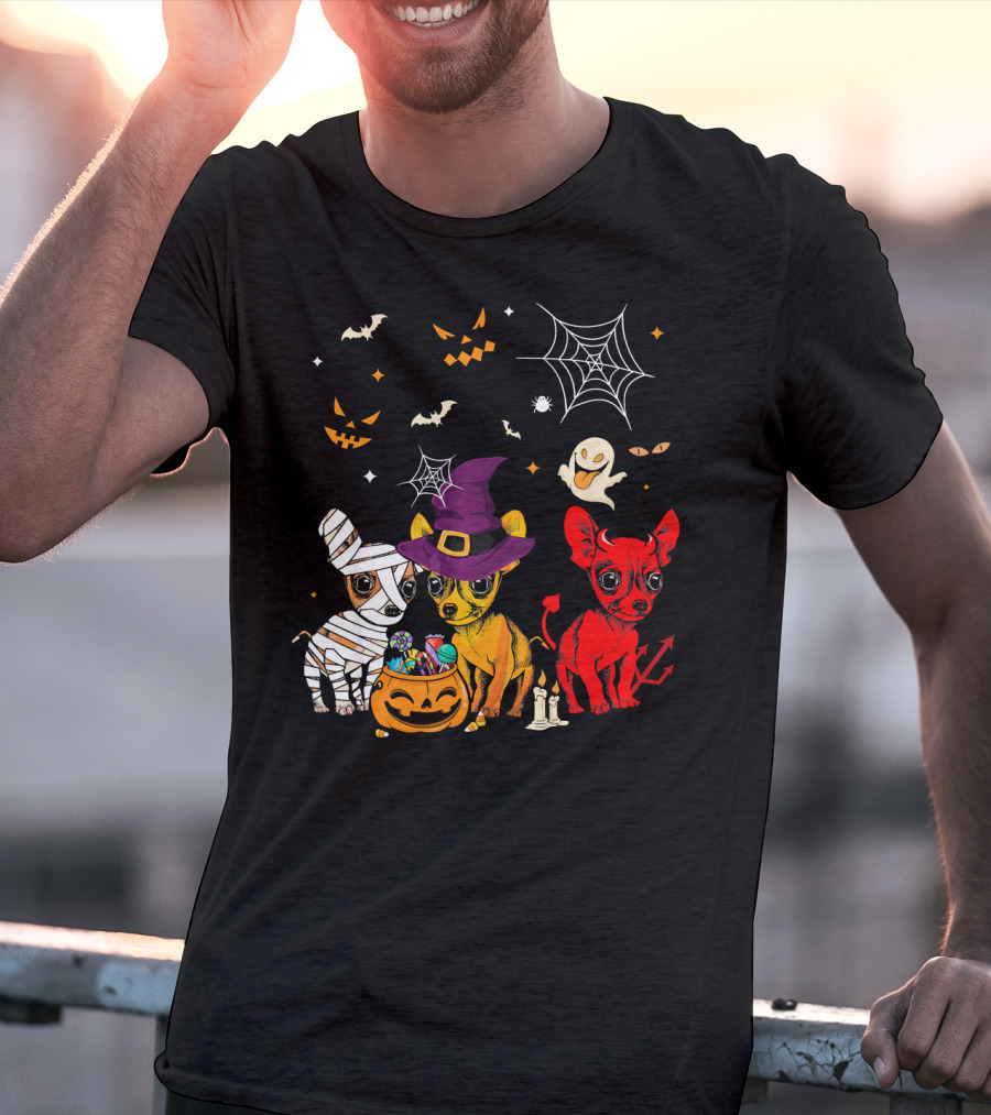 Three Chihuahuas Halloween Mummy Witch Devil T-Shirt