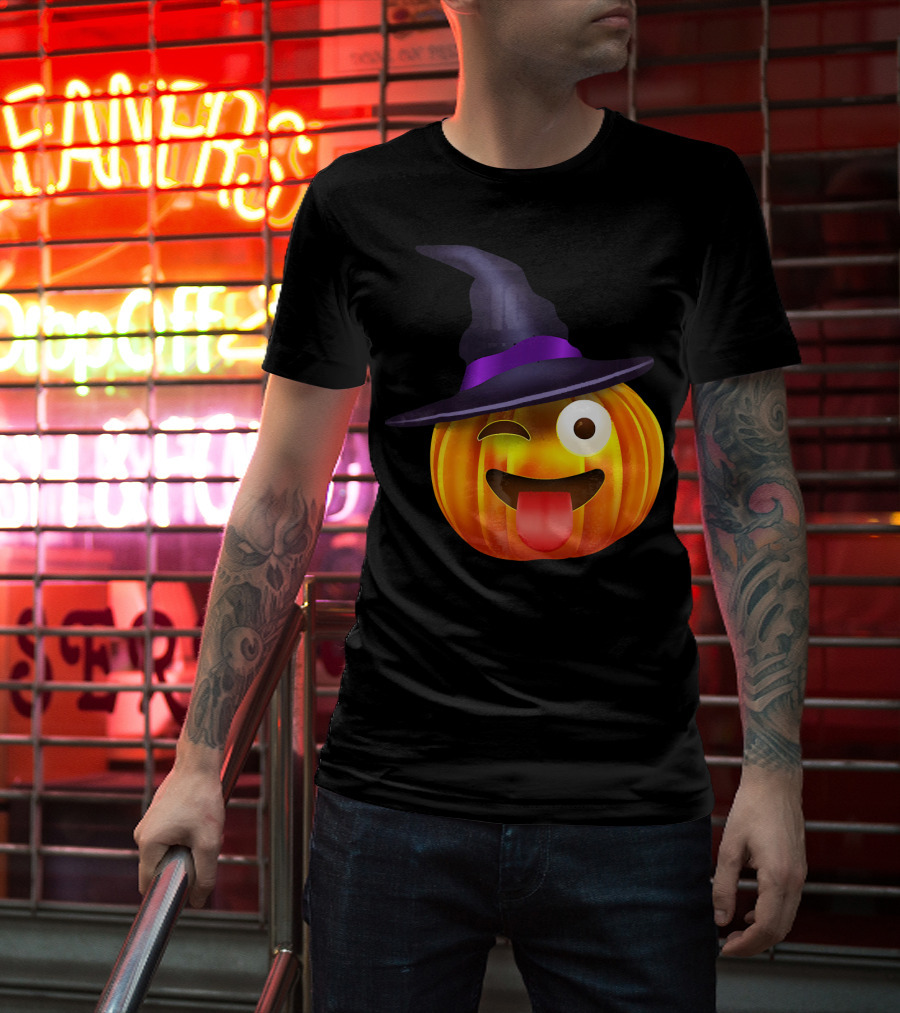 Halloween Costume Emoji Pumpkin Witch Hat Face T-Shirt