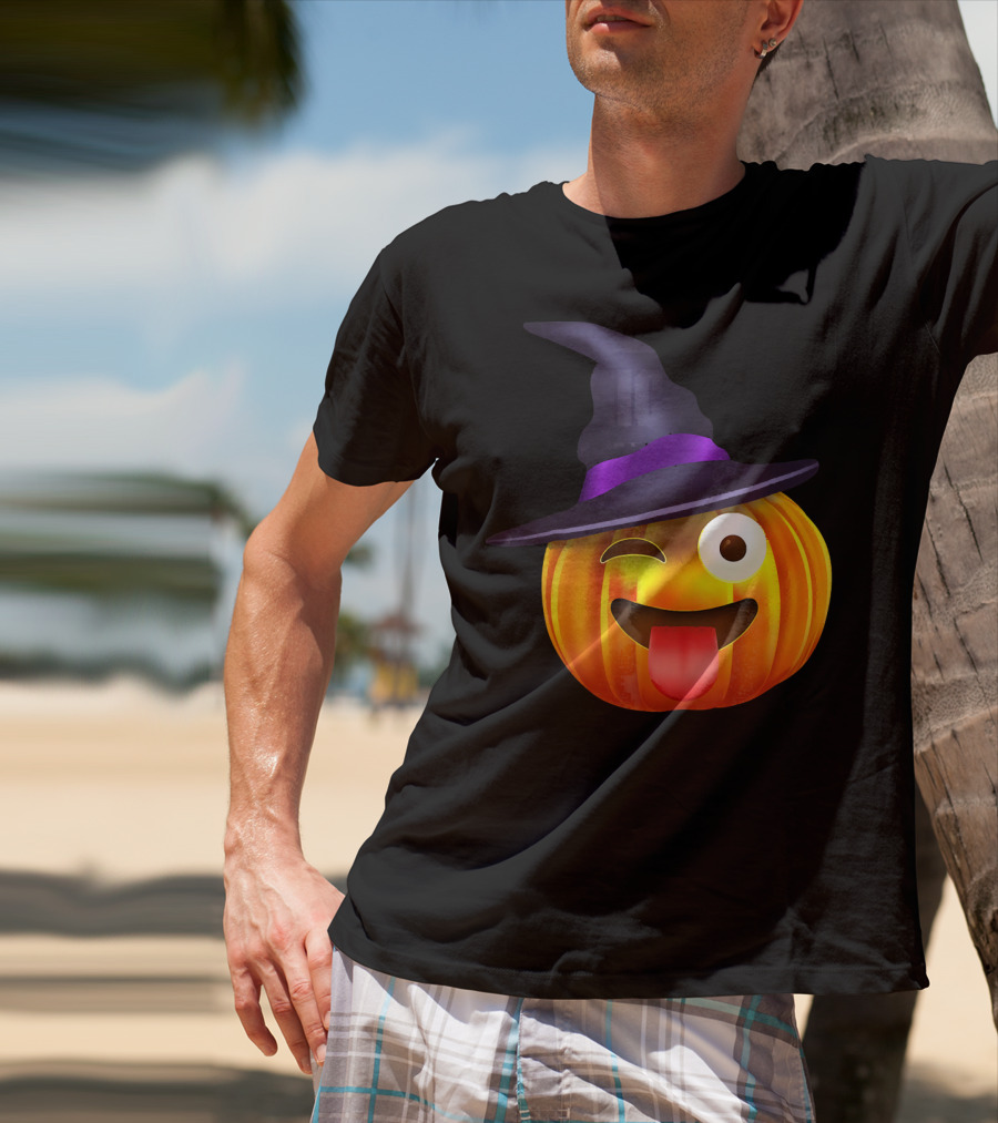 Halloween Costume Emoji Pumpkin Witch Hat Face T-Shirt