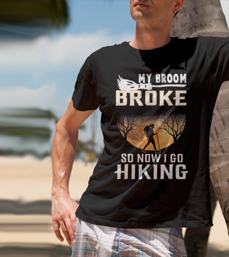 My Broom Broke So Now I Go Hiking Full Moon Silhouette Adventure T-Shirt