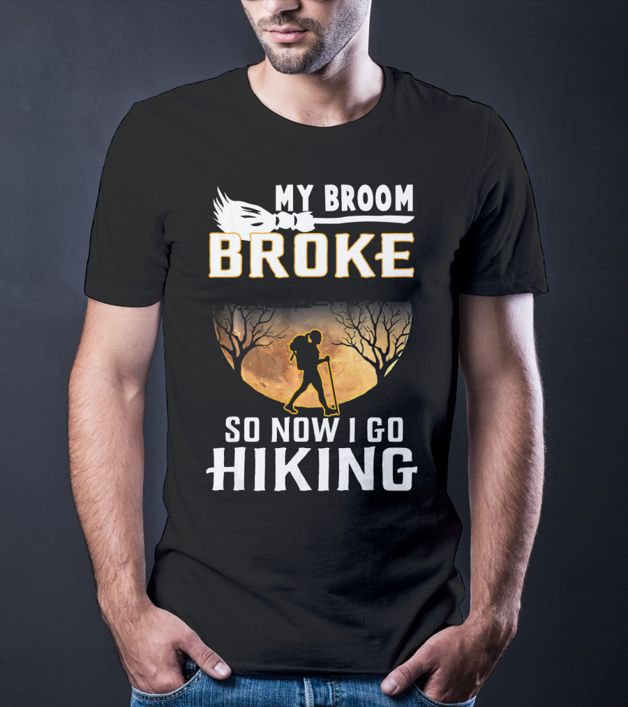My Broom Broke So Now I Go Hiking Full Moon Silhouette Adventure T-Shirt