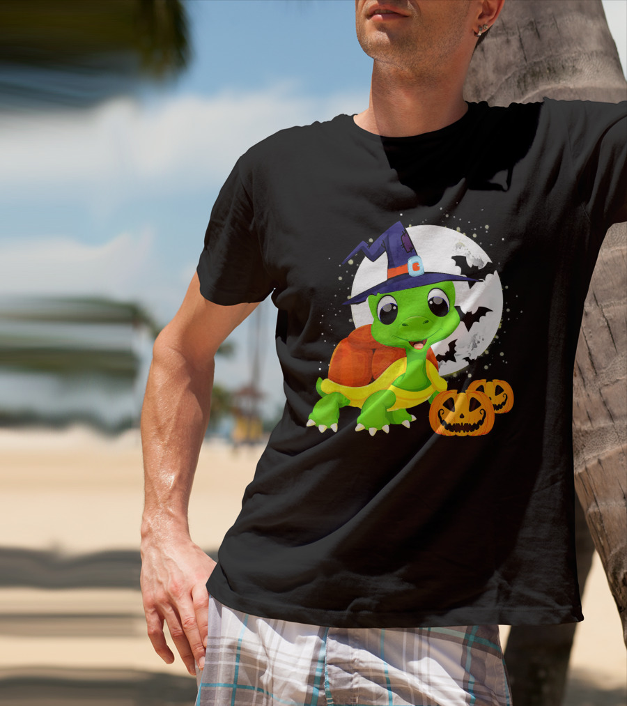 Turtle Witch Halloween Pumpkin Moon And Bats T-Shirt