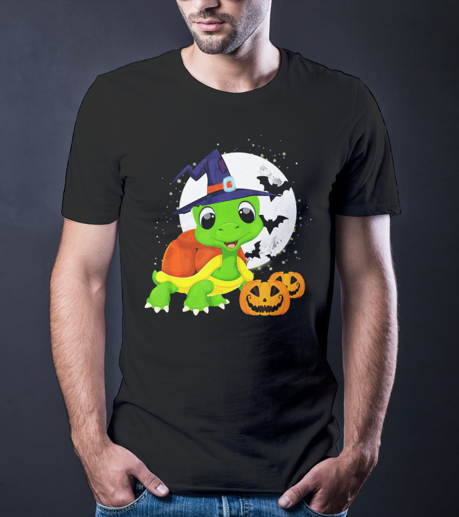 Turtle Witch Halloween Pumpkin Moon And Bats T-Shirt