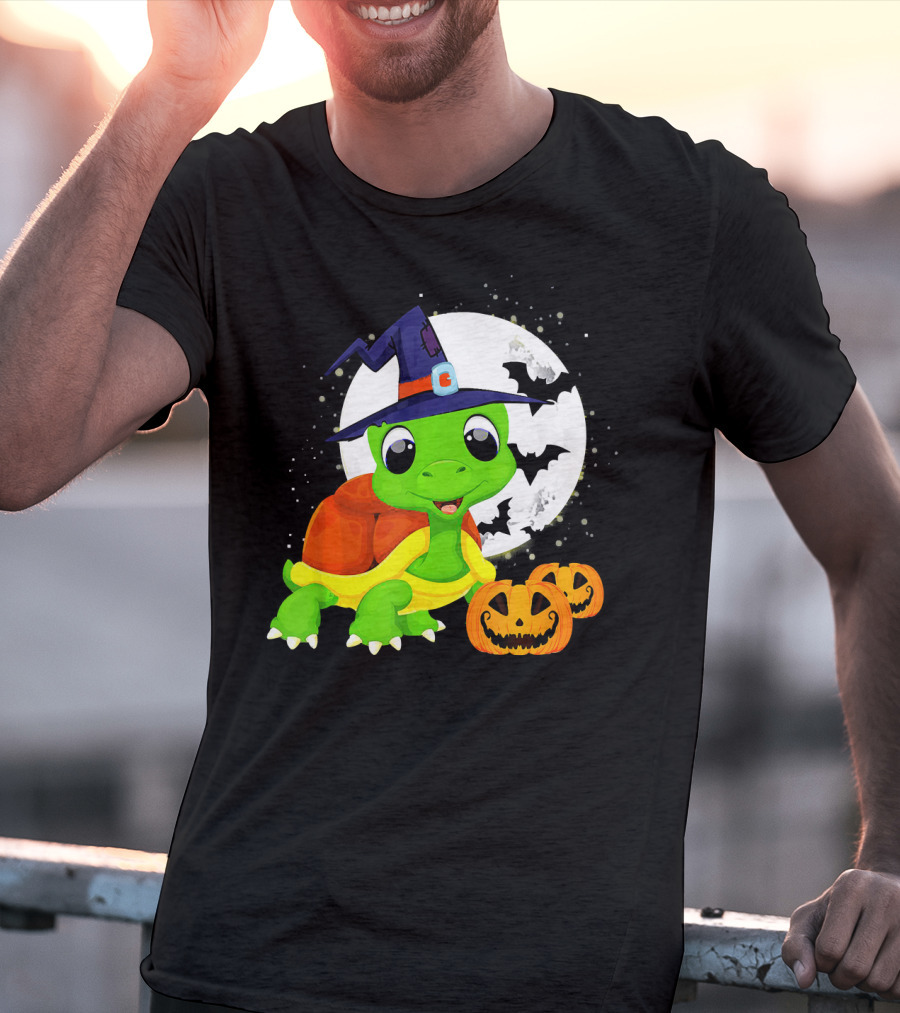 Turtle Witch Halloween Pumpkin Moon And Bats T-Shirt