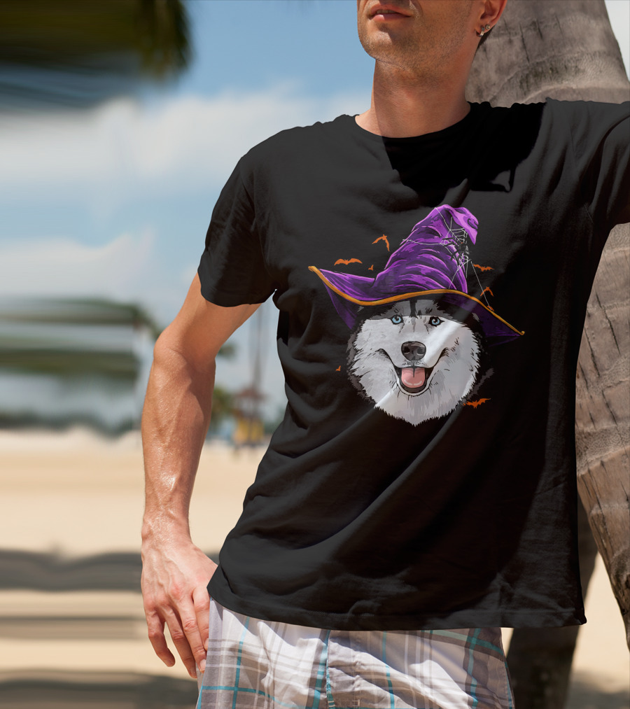 Siberian Husky Purple Witch Hat With Bats And Cobwebs T-Shirt