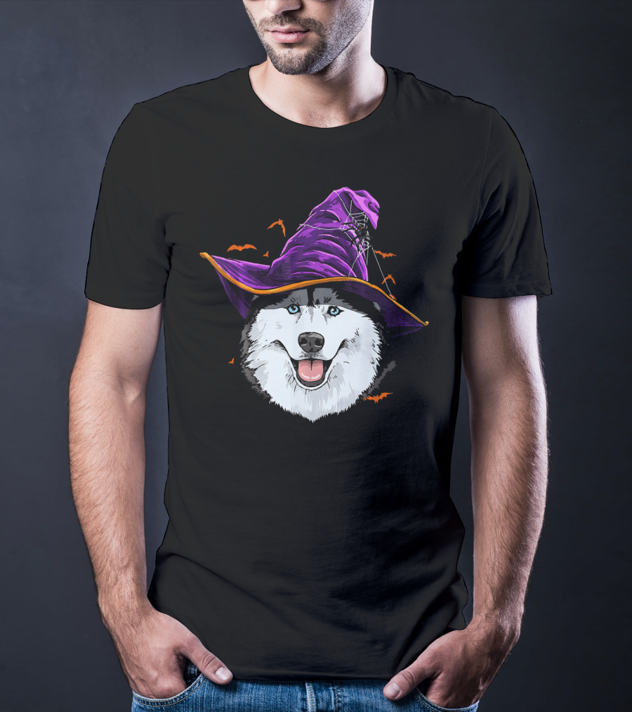 Siberian Husky Purple Witch Hat With Bats And Cobwebs T-Shirt