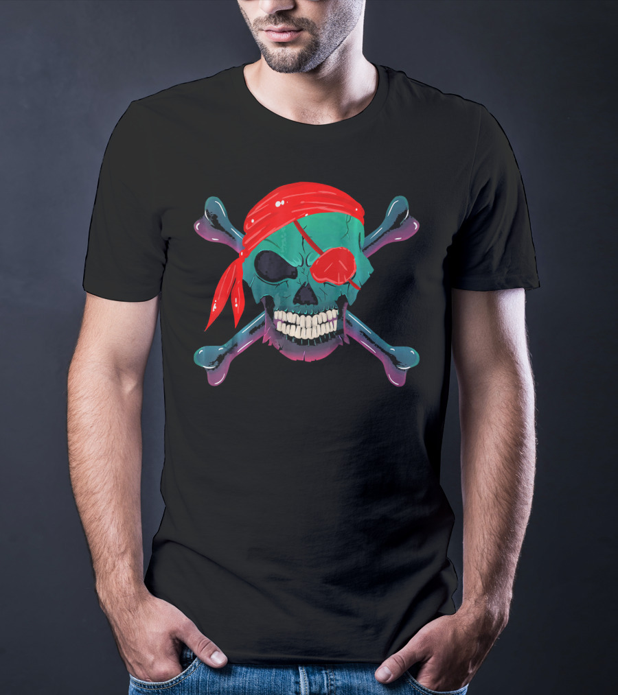 Halloween Pirate Skull And Crossbones Buccaneer Bandana Eyepatch T-Shirt