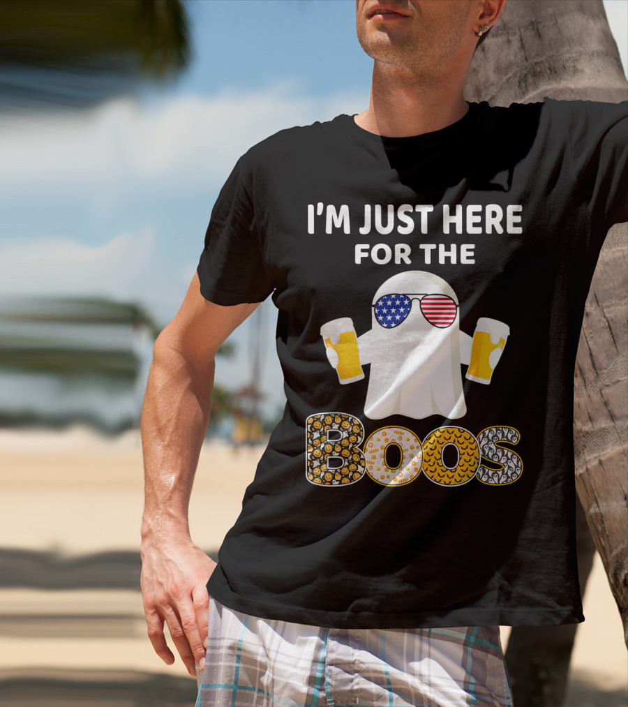 I'm Just Here For The Boos Ghost With American Flag Sunglasses And Beer T-Shirt