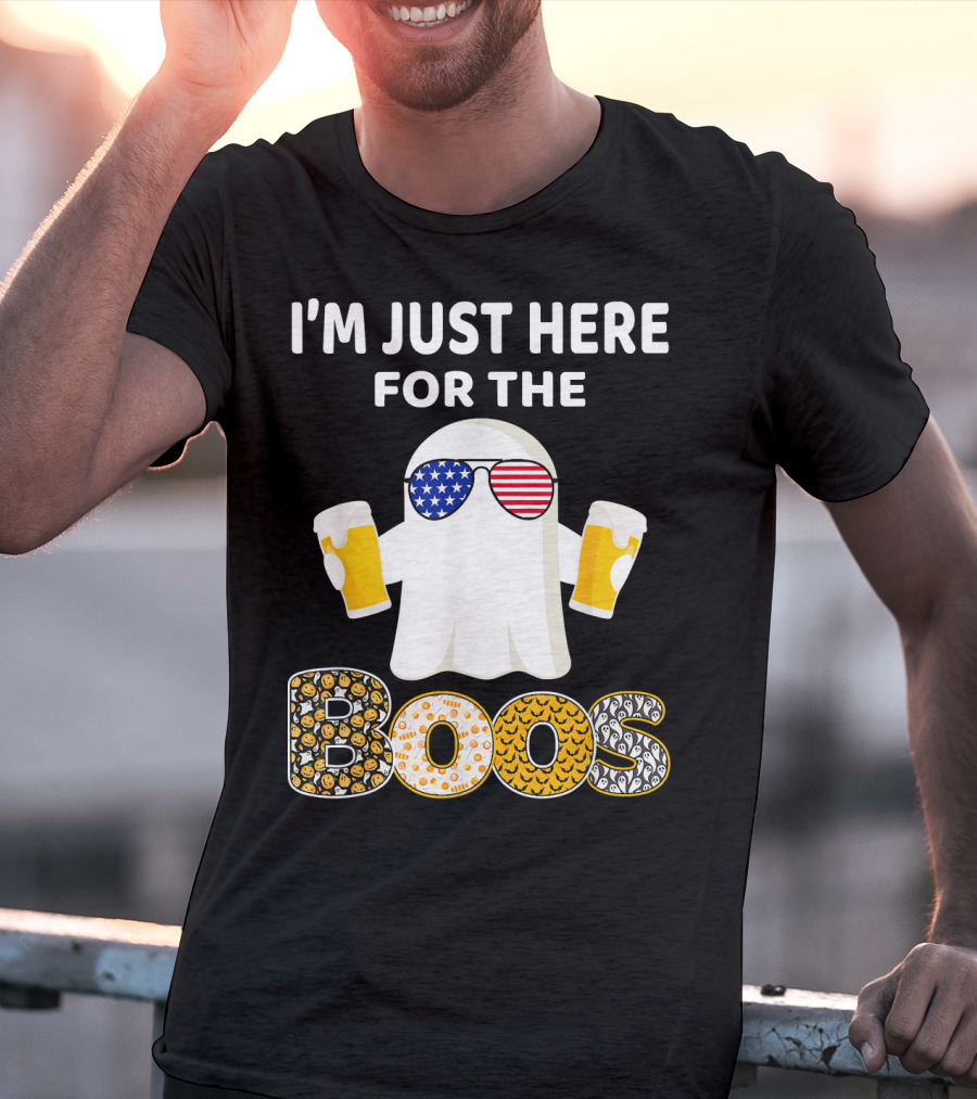 I'm Just Here For The Boos Ghost With American Flag Sunglasses And Beer T-Shirt