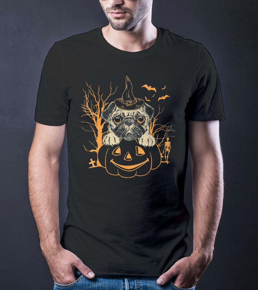 Halloween Pug Witch On Pumpkin With Skeleton And Bats T-Shirt