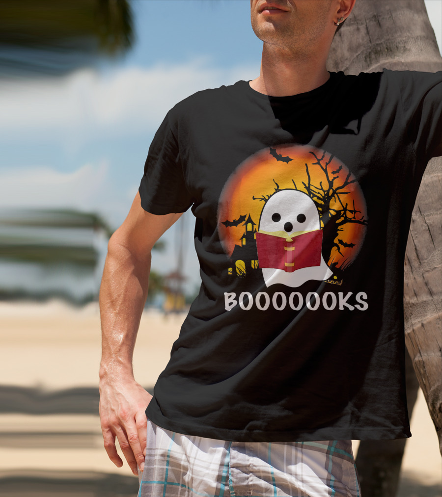Boo Read Books Halloween Boooooooks Ghost With Red Book And Spooky Bats T-Shirt