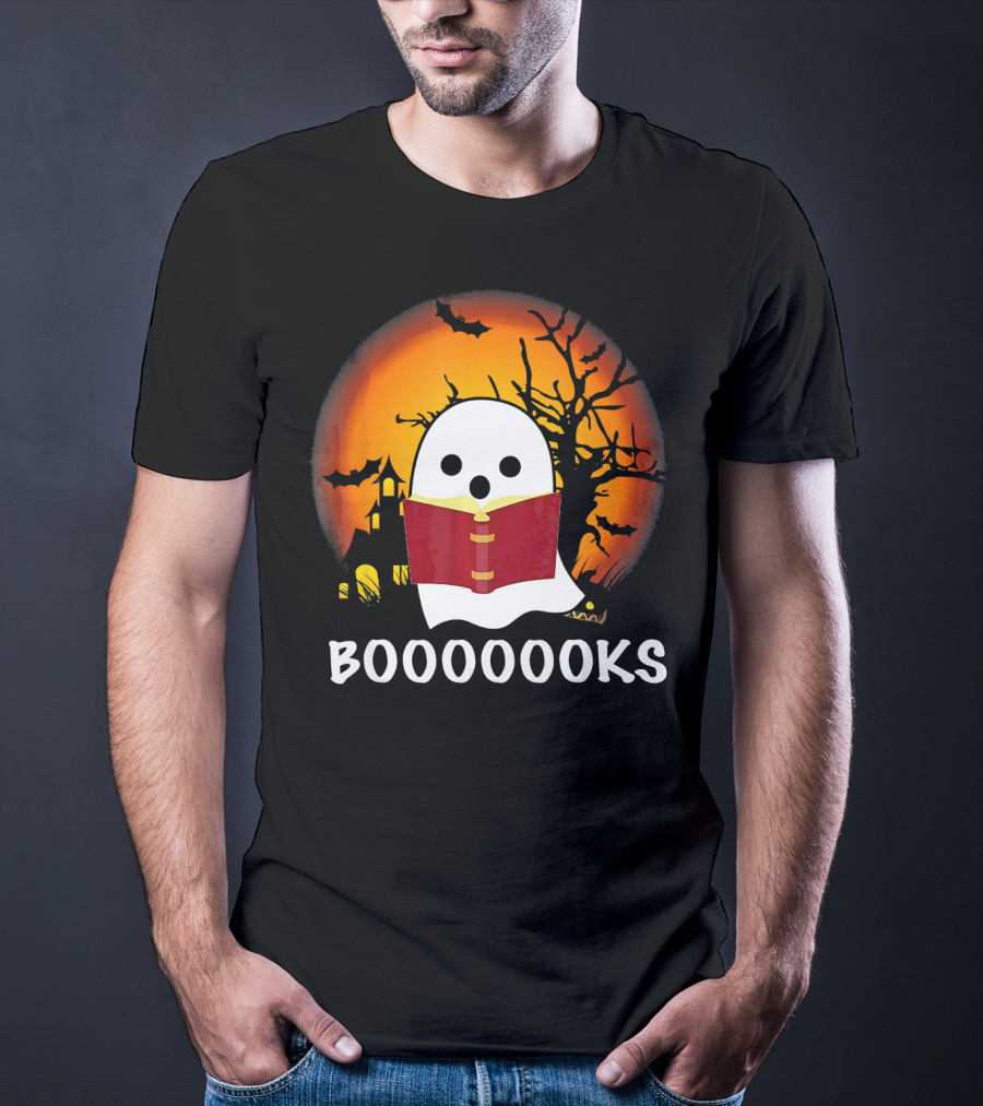 Boo Read Books Halloween Boooooooks Ghost With Red Book And Spooky Bats T-Shirt