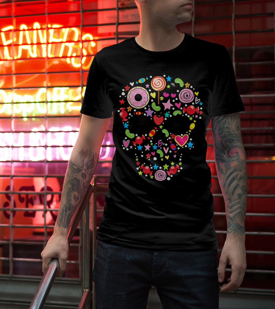 Candy Skull Día De Los Muertos Colorful Sweets And Stars T-Shirt
