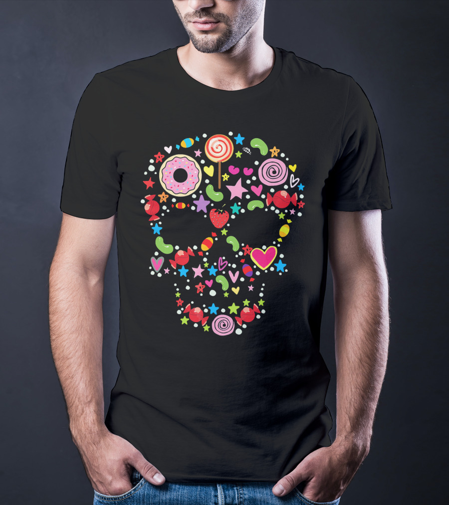 Candy Skull Día De Los Muertos Colorful Sweets And Stars T-Shirt
